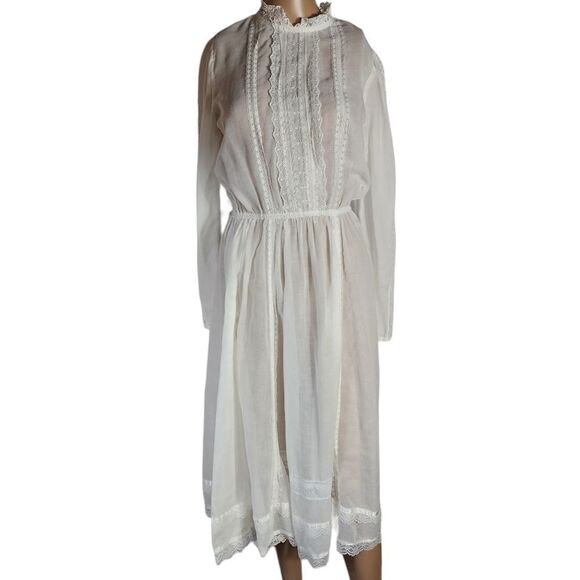 Gunne Sax White Lace 1970s White Prairie Wedding Lace Collar Satin Trim Dress - Picture 12 of 12